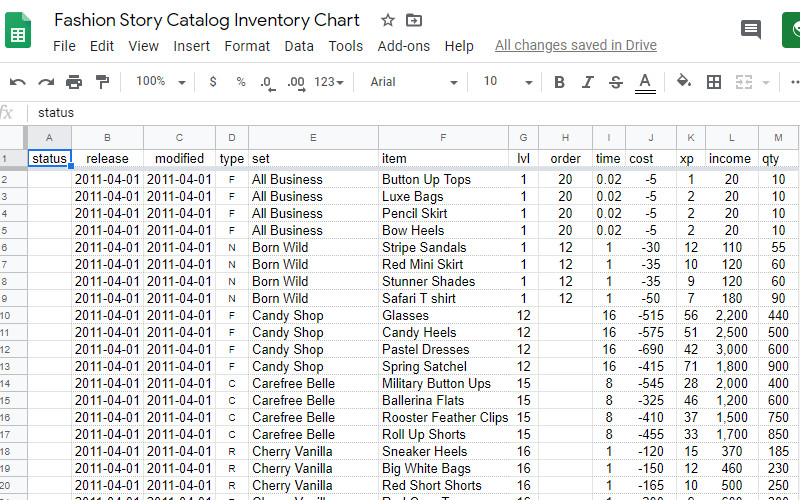 Catalog Spreadsheet